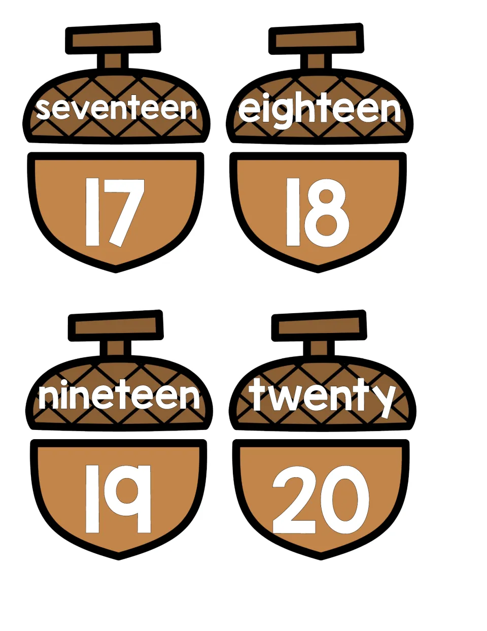 Number words 17-20: acorn caps reading seventeen, eighteen, nineteen and twenty pair with bases showing each numeral