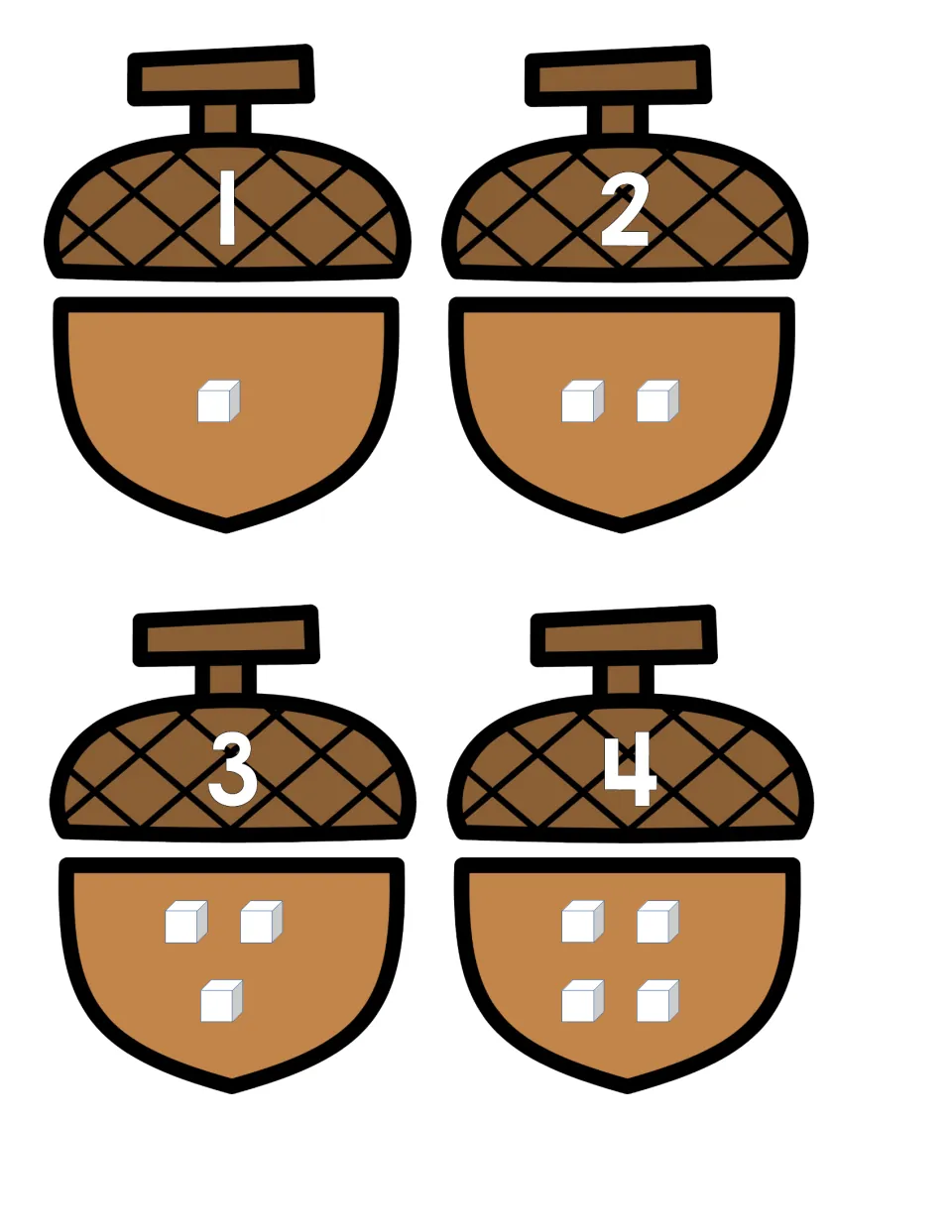 Counting 1-4: students count the white cubes on each acorn base and match it to the cap showing that numeral