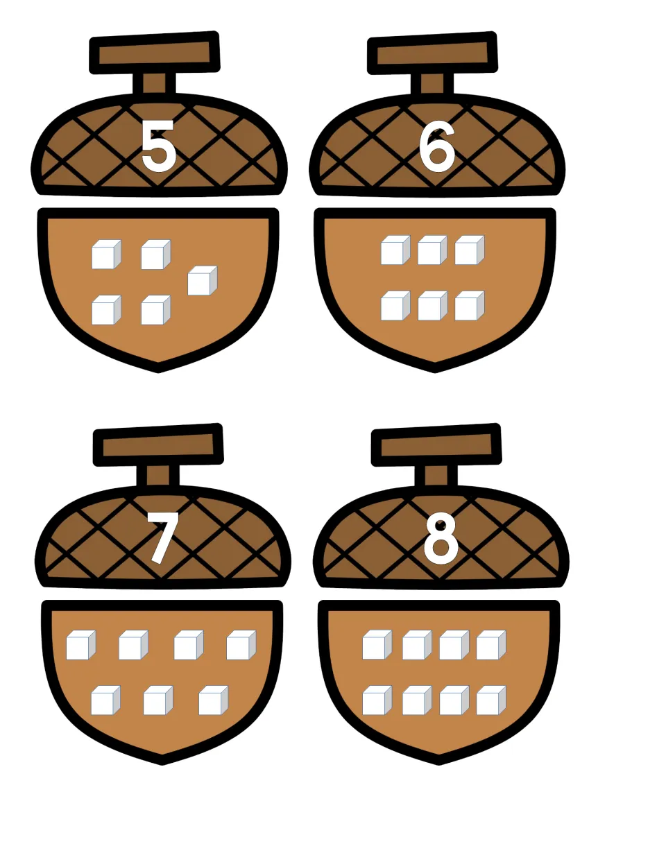 Counting 5-8: students count the five to eight cubes on each acorn base and join it to the cap with that numeral