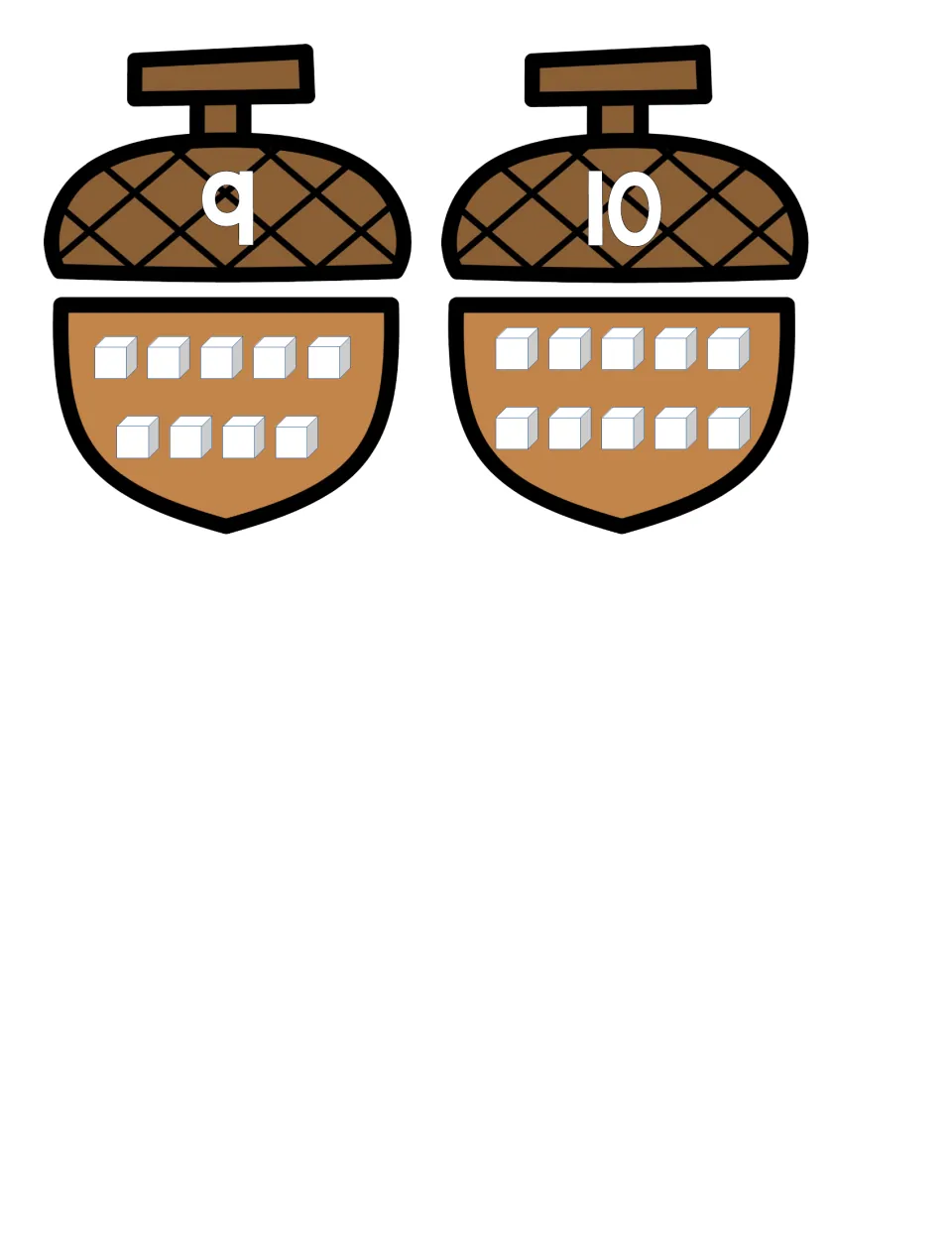 Counting 9 and 10: students match acorn bases showing nine and ten cubes in two rows to caps numbered 9 and 10