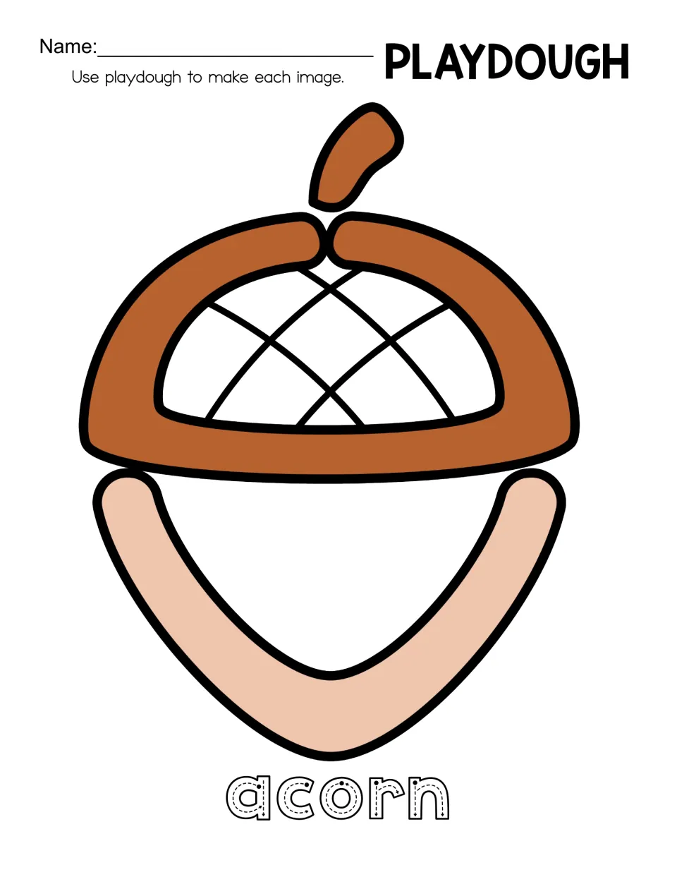 Acorn playdough mat 1: an orange-brown cap with a crisscross pattern, a peach nut, and 'acorn' to trace