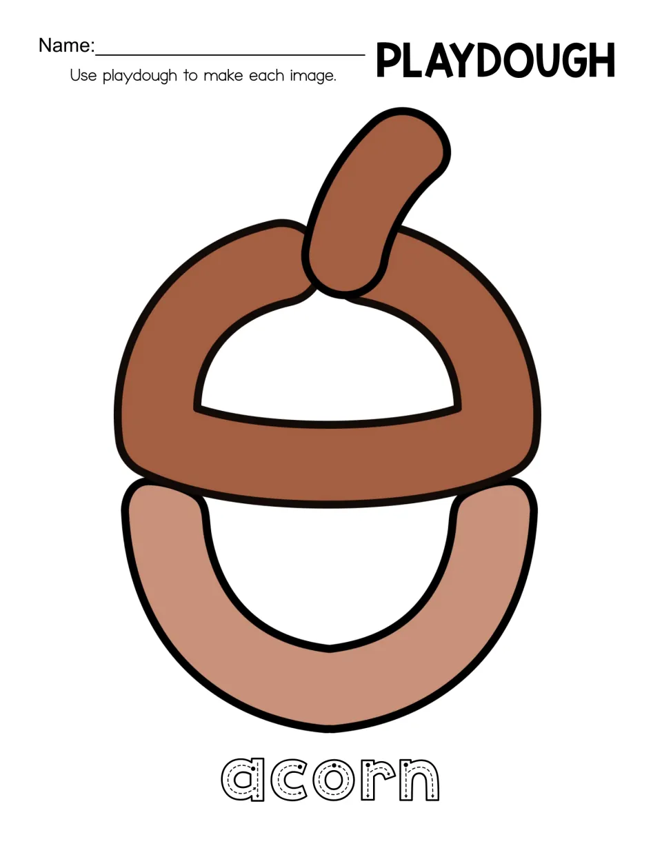 Acorn playdough mat with a curved stem over a round cap: students shape dough ropes to fill the outline and trace acorn