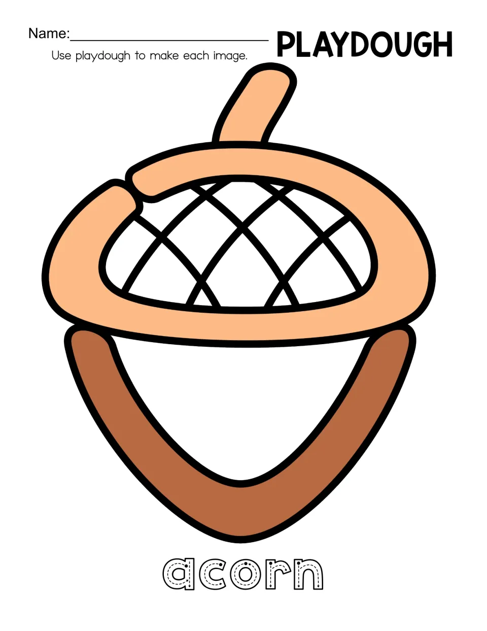 Acorn playdough mat in peach and brown: students form a crosshatched cap and a pointed nut from dough, then trace acorn