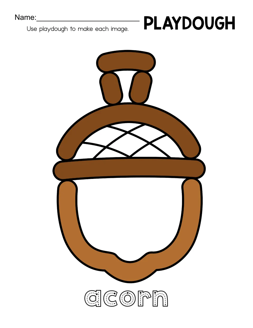 Acorn playdough mat with a three-part stem and a stacked cap: students build each piece in dough and trace acorn