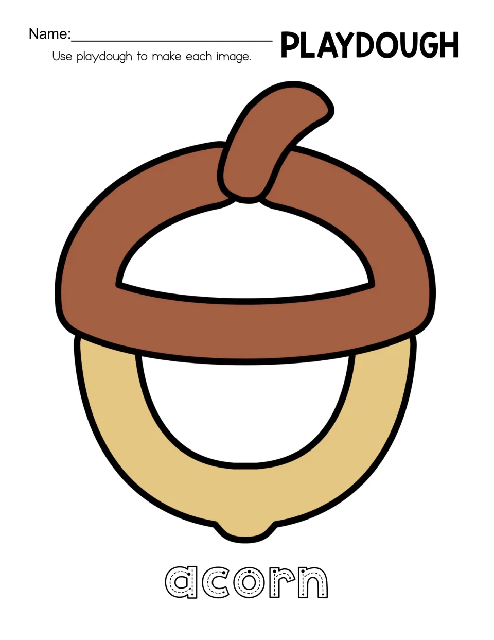 Acorn playdough mat in brown and tan: students roll dough to cover the cap, stem and rounded nut, then trace acorn
