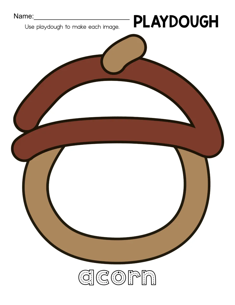 Acorn playdough mat with an overlapping cap band and a round nut: students shape dough ropes to match and trace acorn