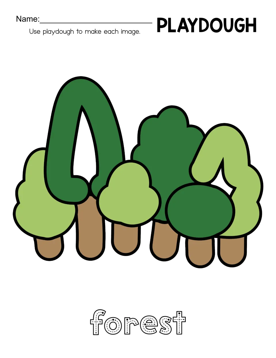 Forest playdough mat: students build a cluster of tall and bushy green trees with brown trunks and trace forest
