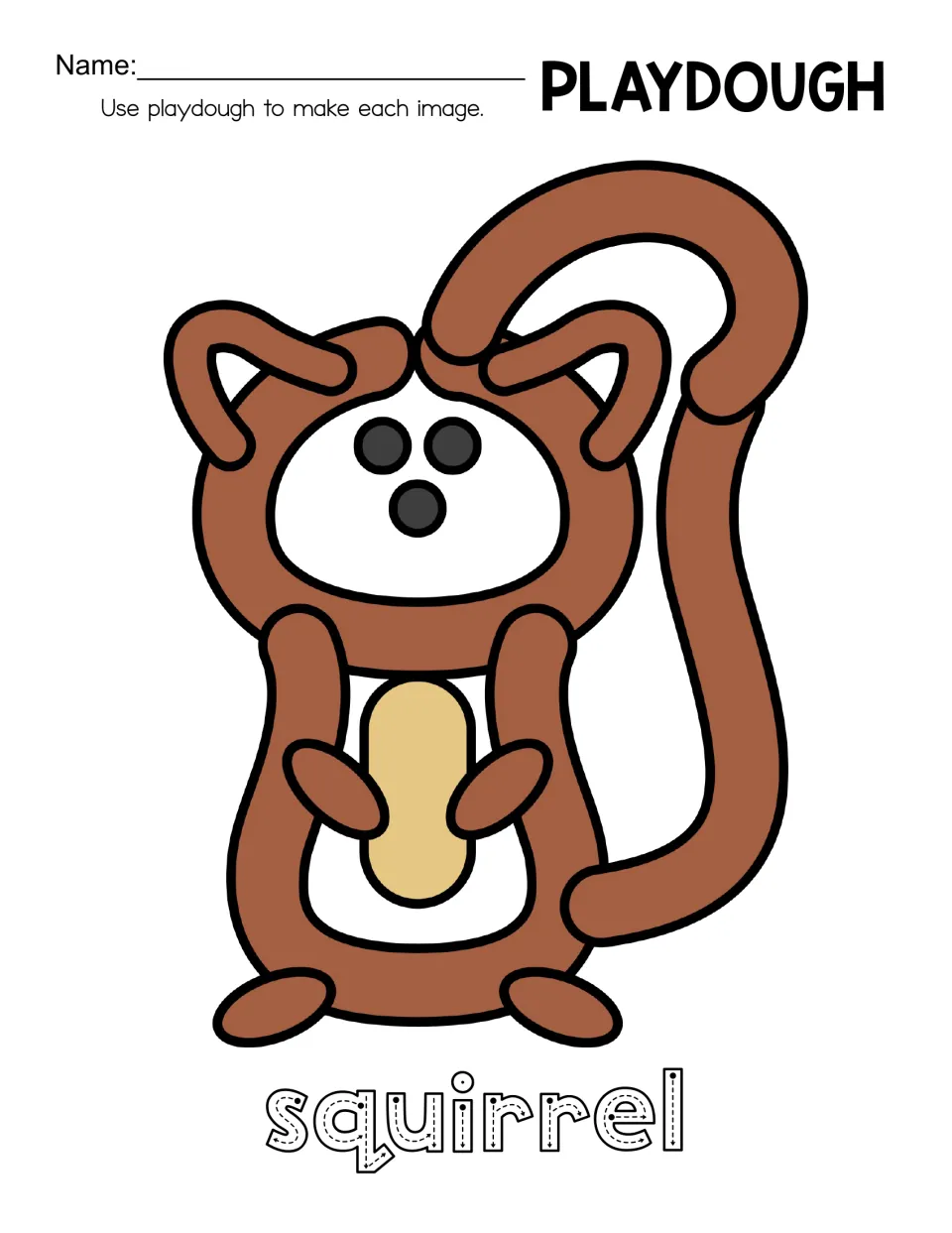 Squirrel playdough mat: students shape a brown body, ears, long curled tail and a tan acorn, then trace squirrel