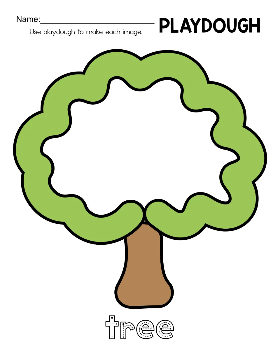 Tree playdough mat with a wavy green canopy and brown trunk: students roll dough to fill the shape and trace tree