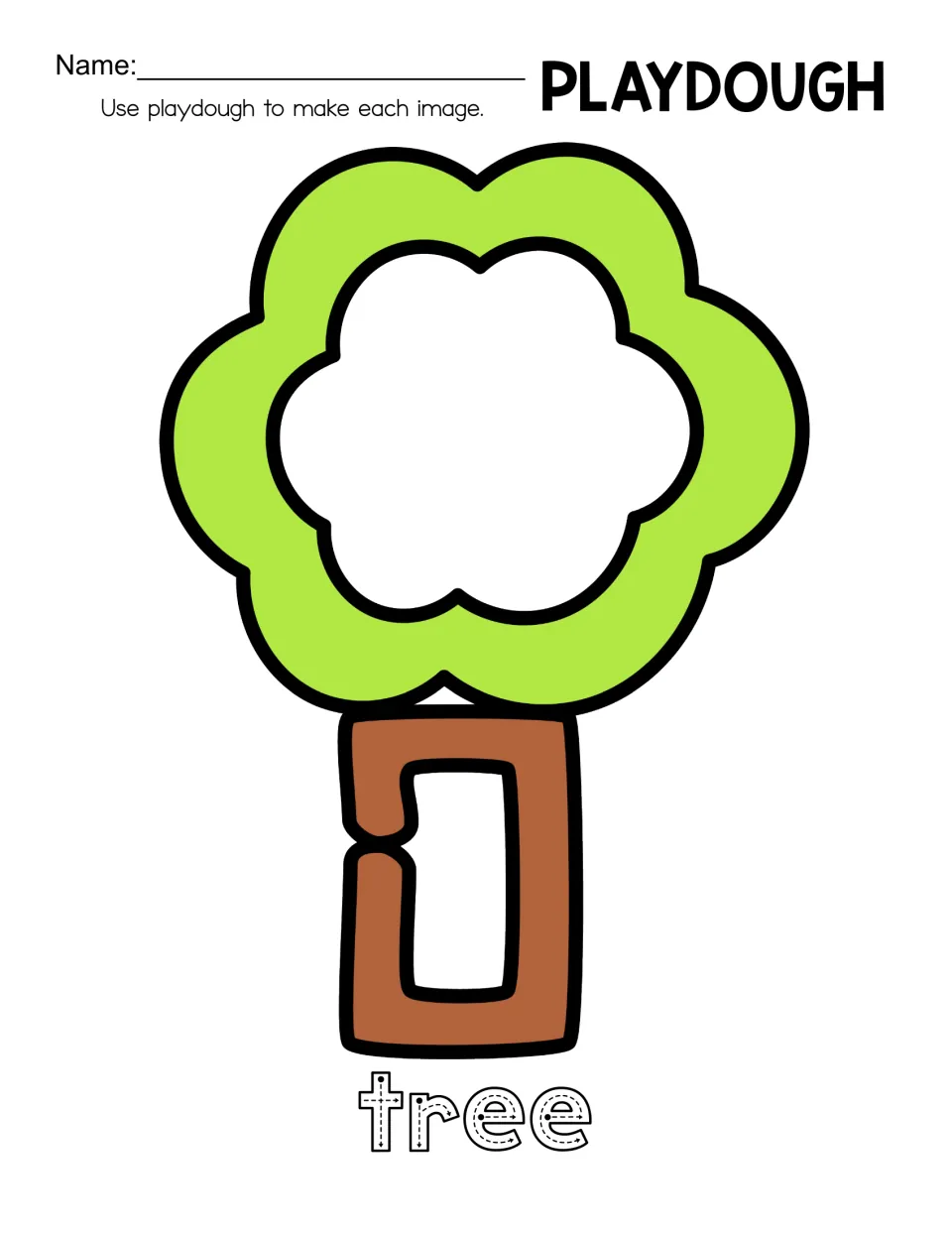 Tree playdough mat with a bright green cloud-shaped top and a rectangular trunk: students form each part, then trace tree