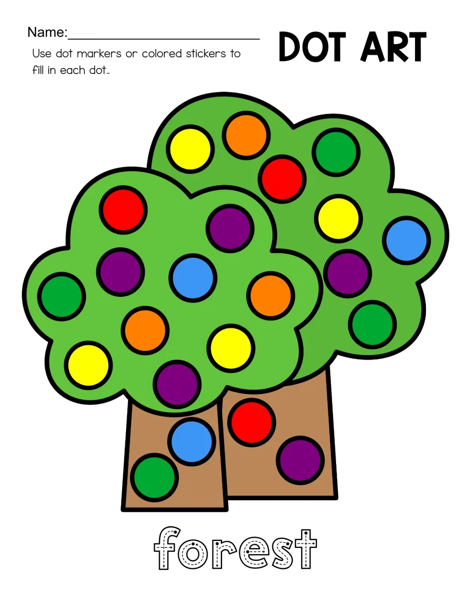 Forest dot-art mat with colored circles on two trees for dot markers or stickers and traceable 'forest'