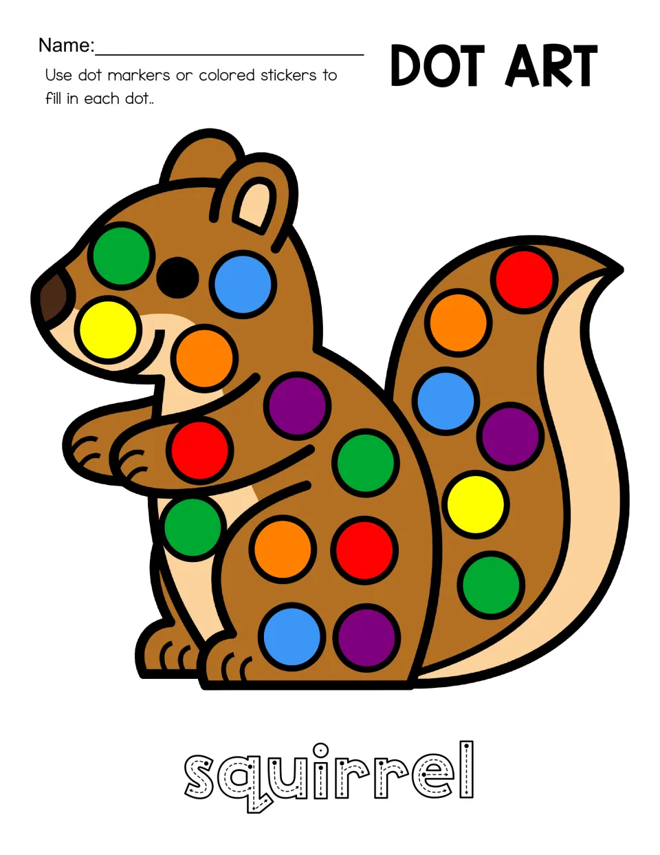 Squirrel dot-art mat with colored circles across its body and tail and the word 'squirrel' for tracing