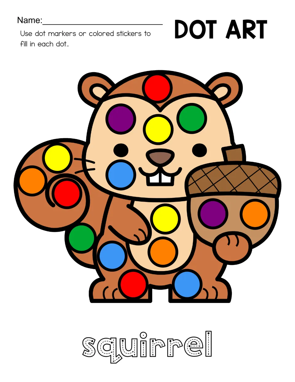 Squirrel dot-art mat featuring a squirrel holding an acorn, colored circles, and traceable 'squirrel'
