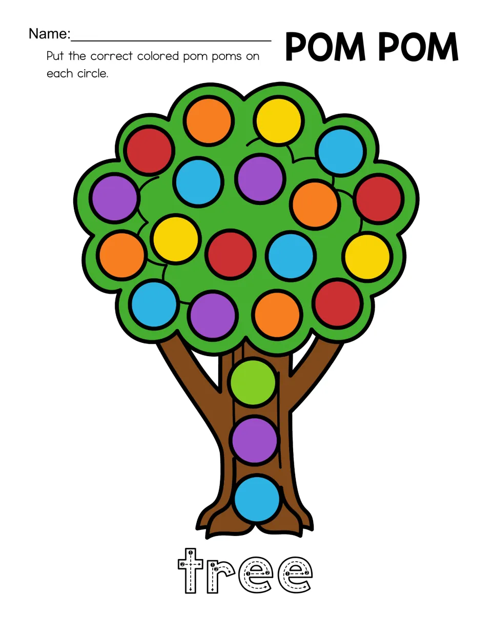 Tree color-matching mat with multicolored circles on the leaves and trunk for pom poms and traceable 'tree'