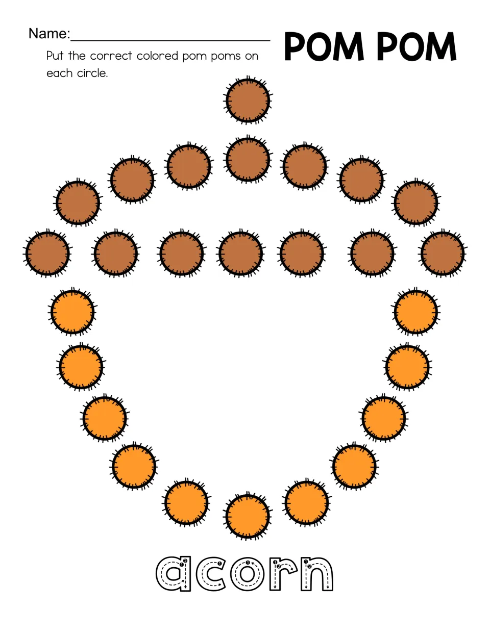 Acorn shape-building mat with brown and orange pom-pom pictures forming an outline and traceable 'acorn'