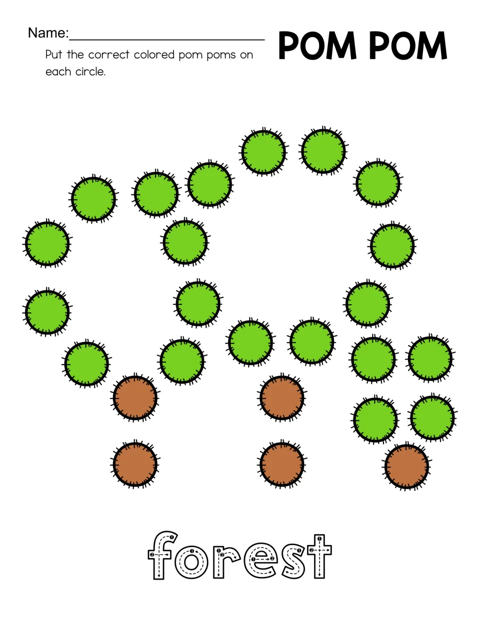 Forest shape-building mat with green and brown pom-pom pictures forming three trees and traceable 'forest'