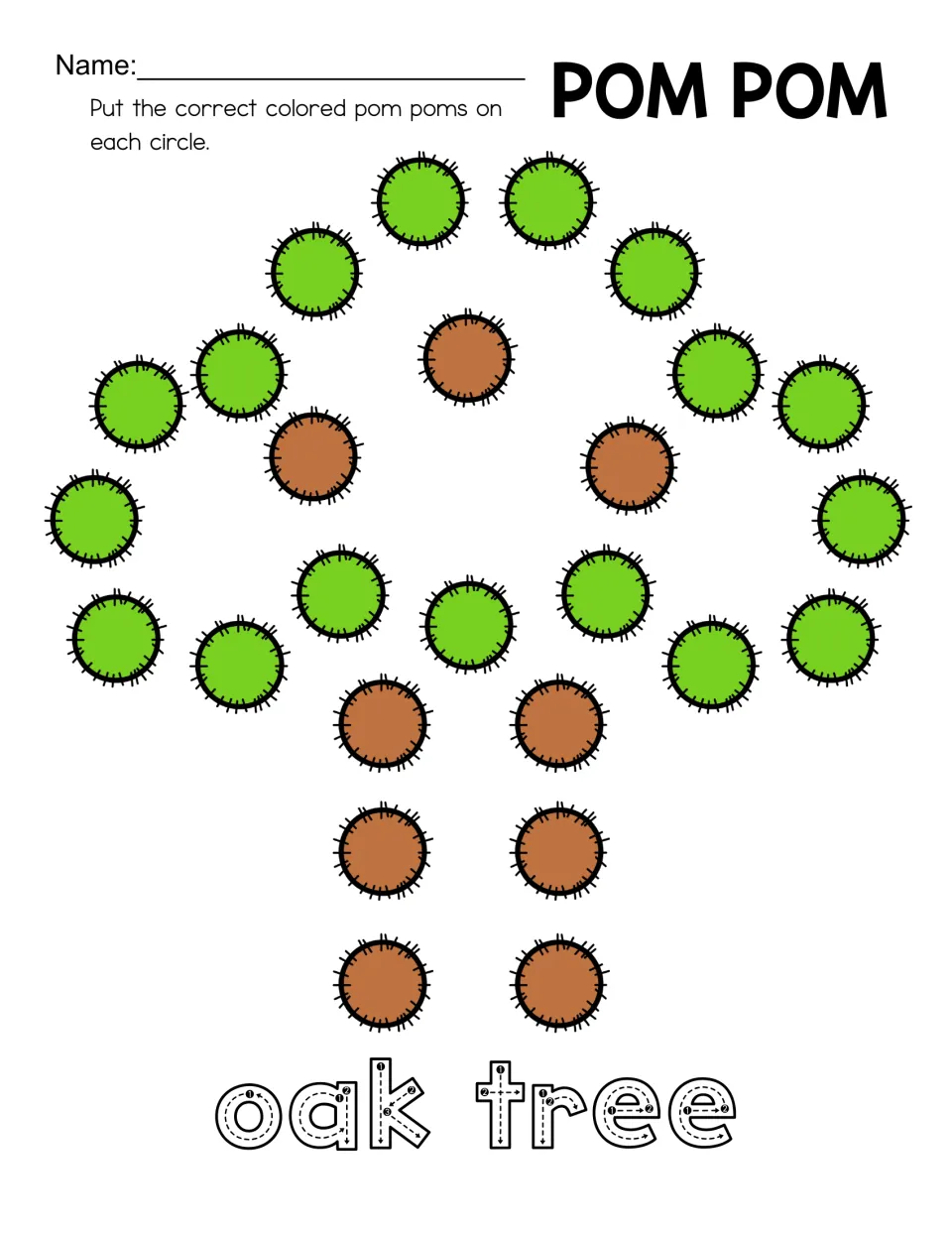 Oak tree shape-building mat with green leaf and brown branch and trunk pom-pom pictures and 'oak tree'