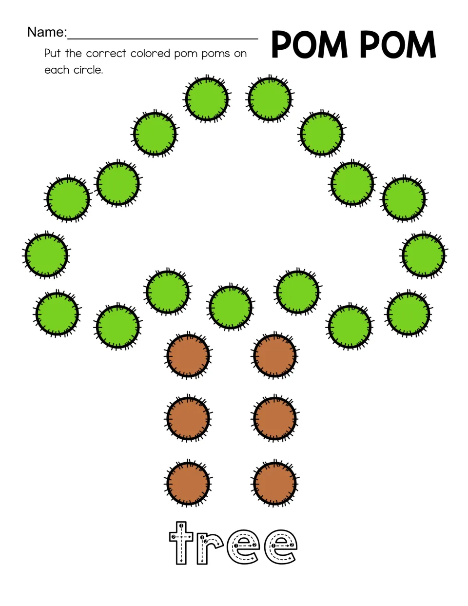 Tree shape-building mat with green pom-pom pictures outlining the canopy, a brown trunk, and traceable 'tree'