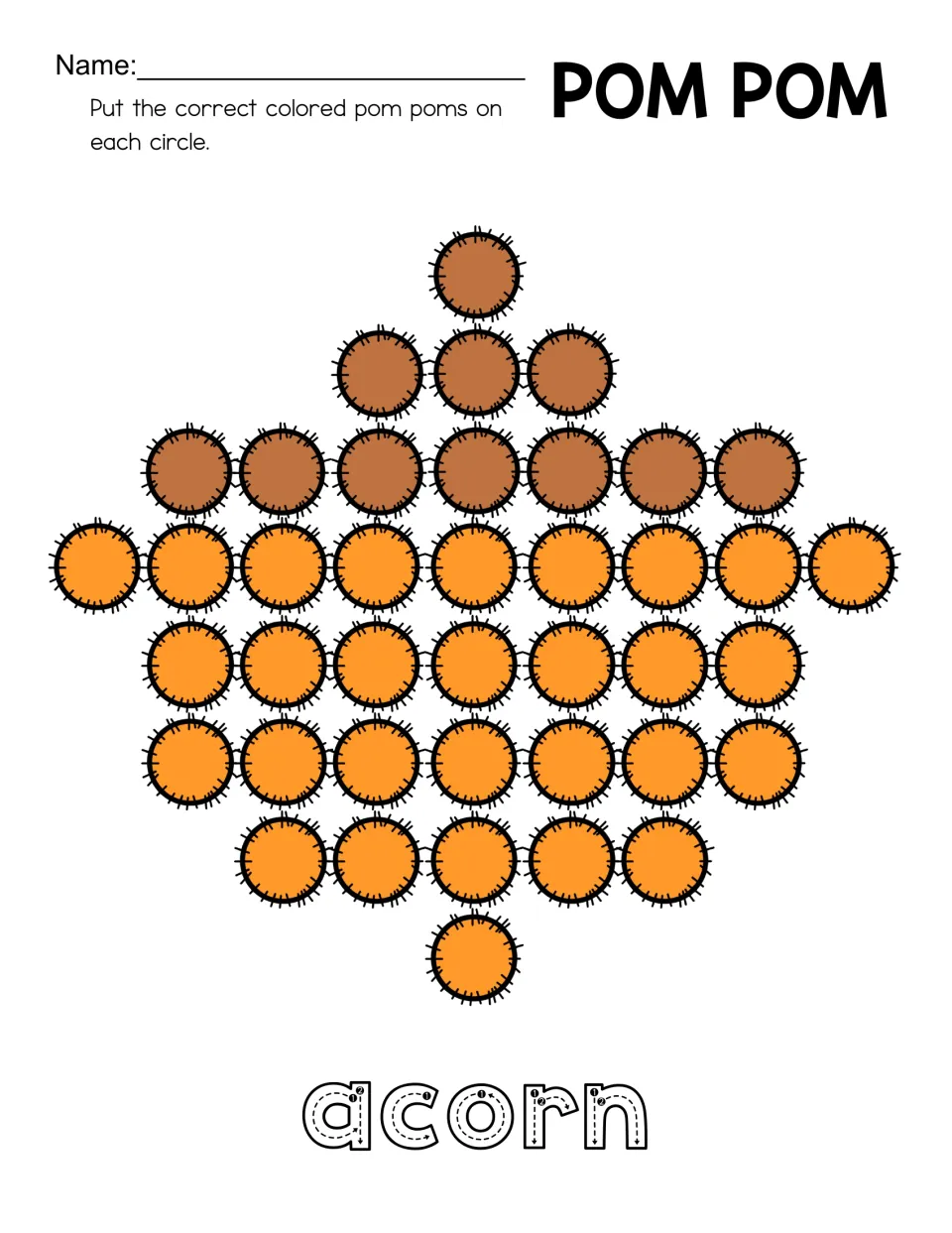 Acorn shape-building mat with brown and orange pom-pom pictures filling the shape and traceable 'acorn'