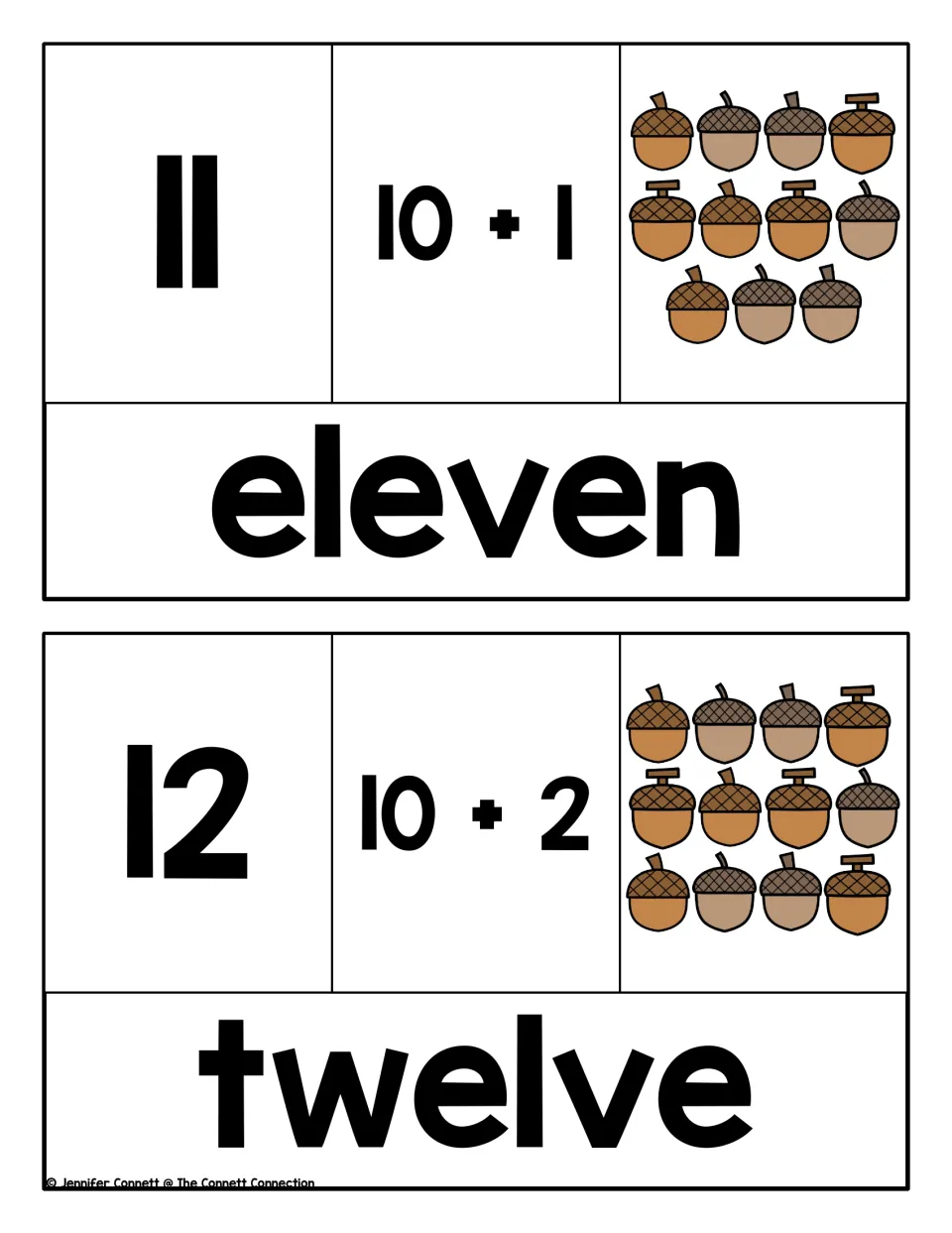 Teen numbers 11 and 12: students match each numeral to 10 + 1 or 10 + 2, a set of acorns and the words eleven, twelve