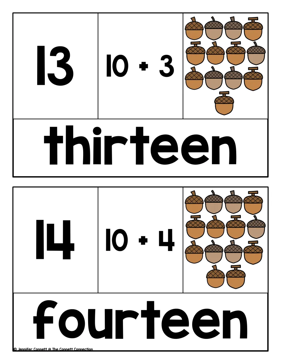 Teen numbers 13 and 14: puzzles pair each numeral with 10 + 3 or 10 + 4, 13 or 14 acorns to count and the number word