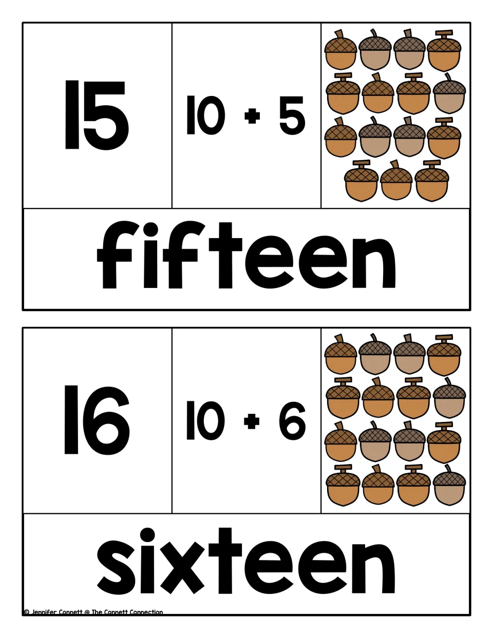 Fifteen and sixteen puzzles: children count acorns and join them to 15 or 16, 10 + 5 or 10 + 6 and the written word