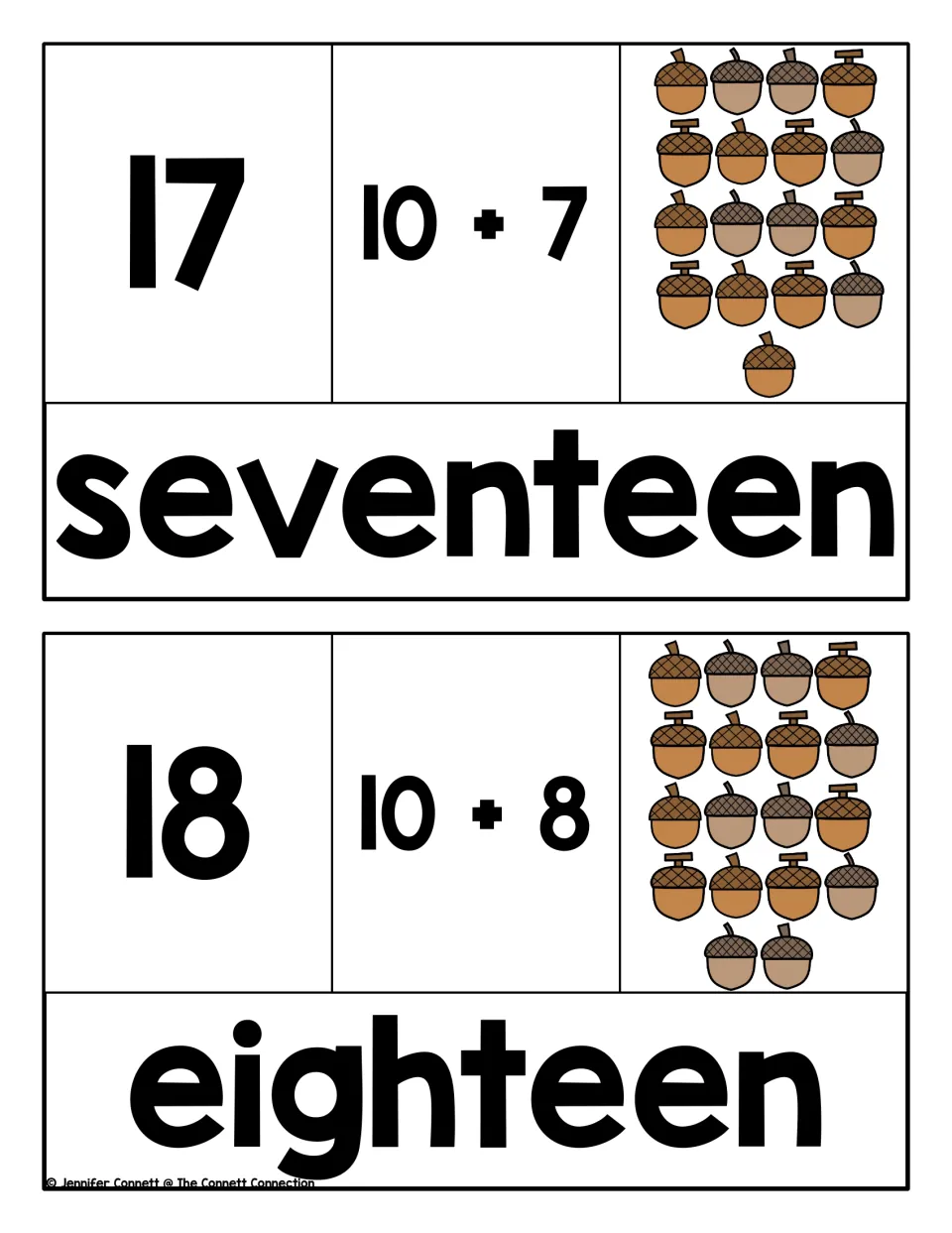 Seventeen and eighteen: students build 17 and 18 as ten plus 7 or 8, matching the numeral, acorn count and number word