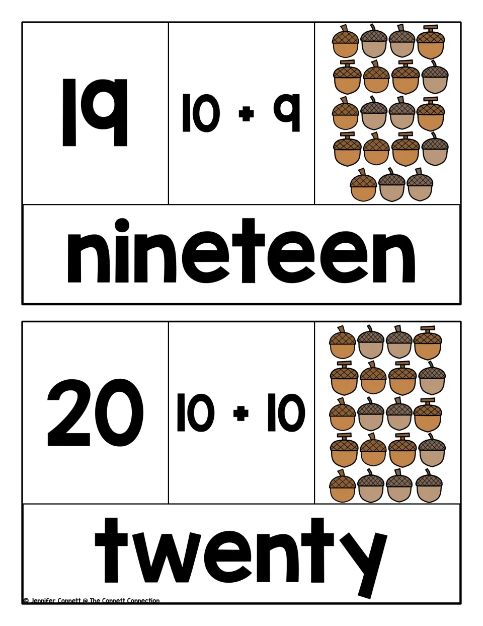 Nineteen and twenty puzzles: students match 19 and 20 to 10 + 9 and 10 + 10, a group of acorns and the number word