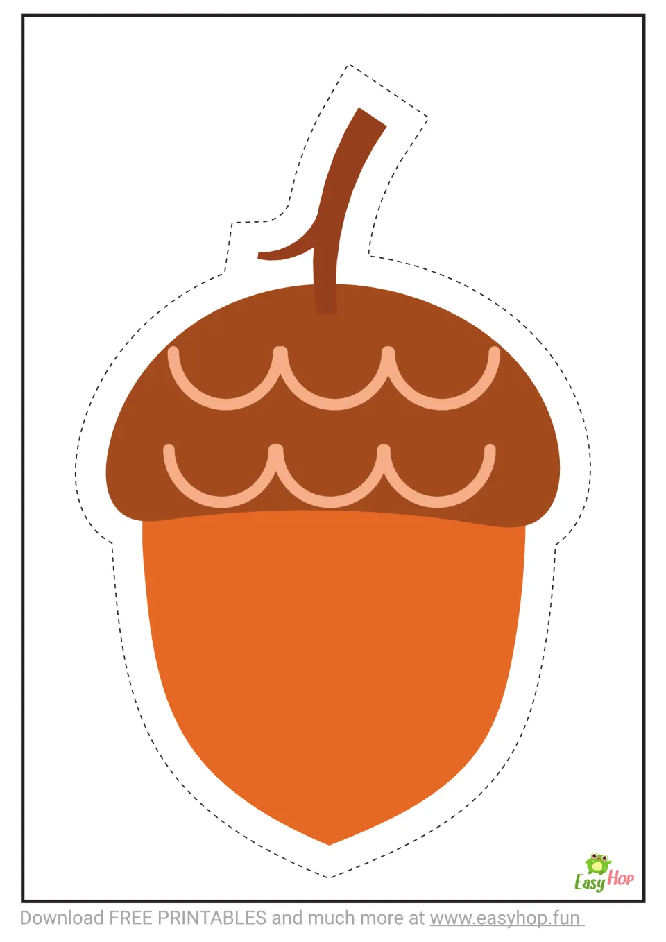 Cutting template with one large orange acorn, a brown cap and stem, and a dashed cutting guide around it