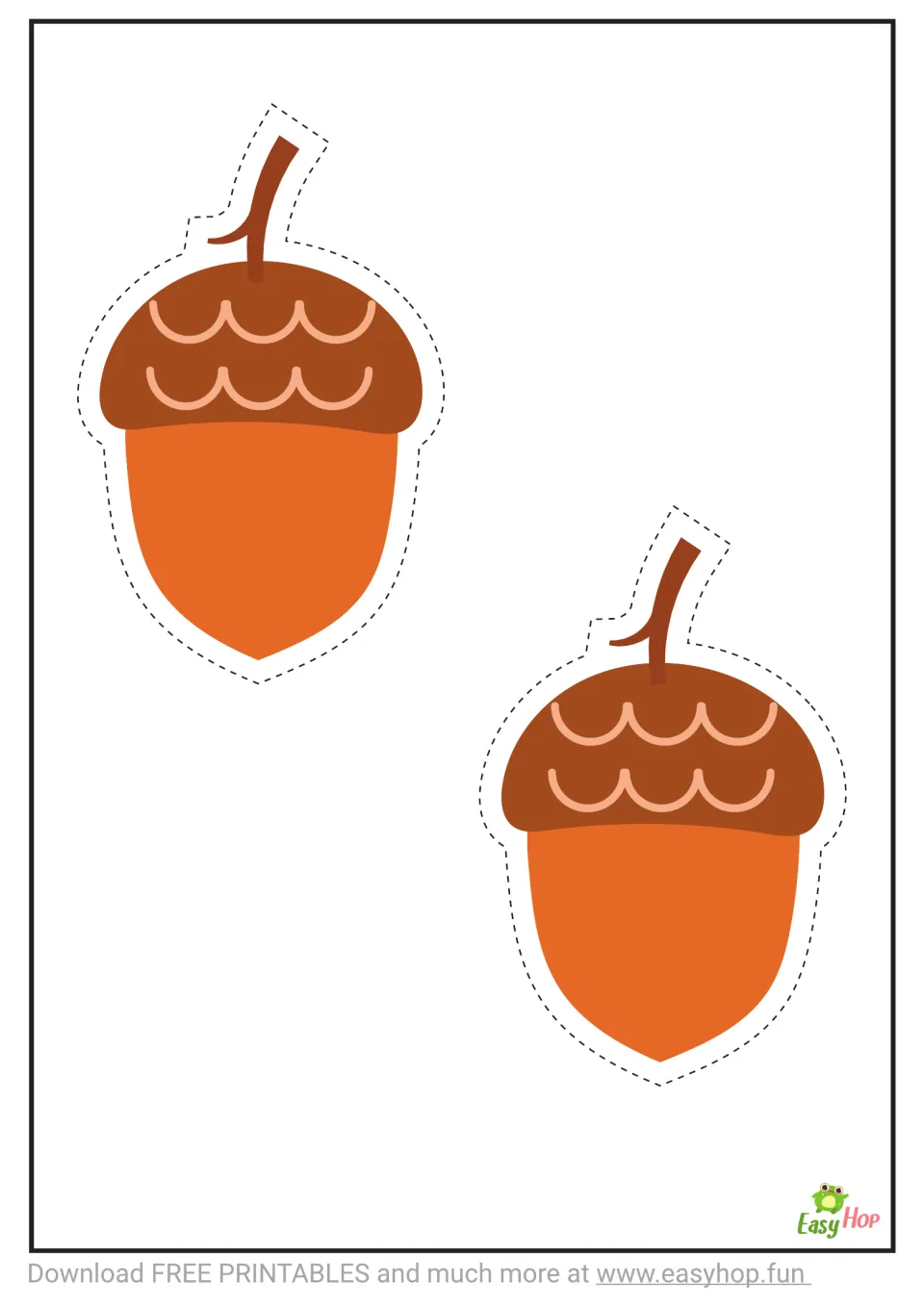 Cutting templates with two medium orange acorns, brown caps and stems, and dashed cutting guides around each