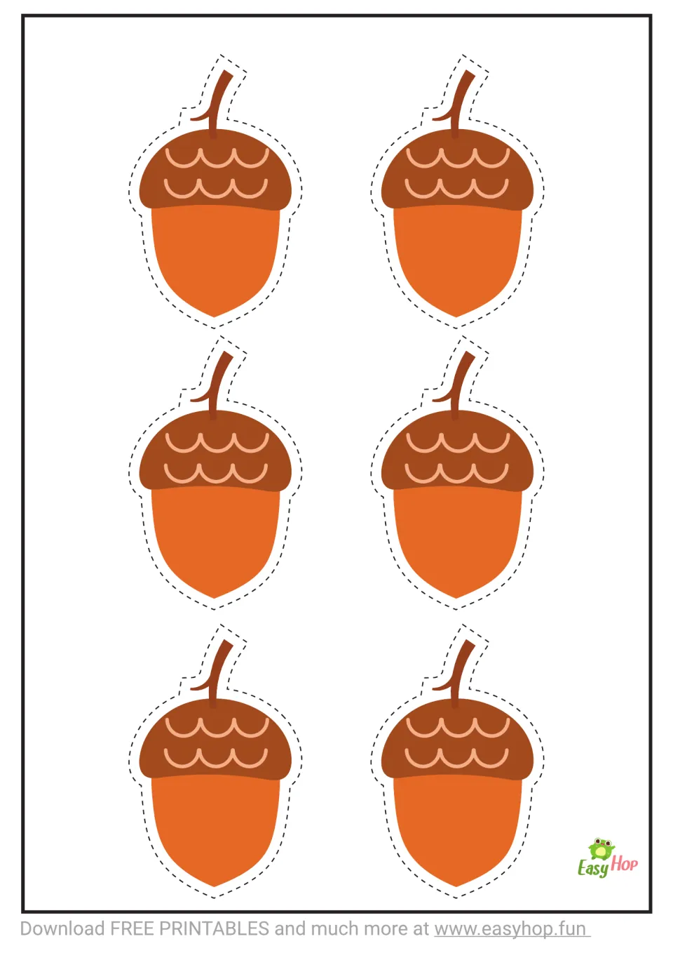 Cutting templates with six small orange acorns, brown caps and stems, and dashed cutting guides around each