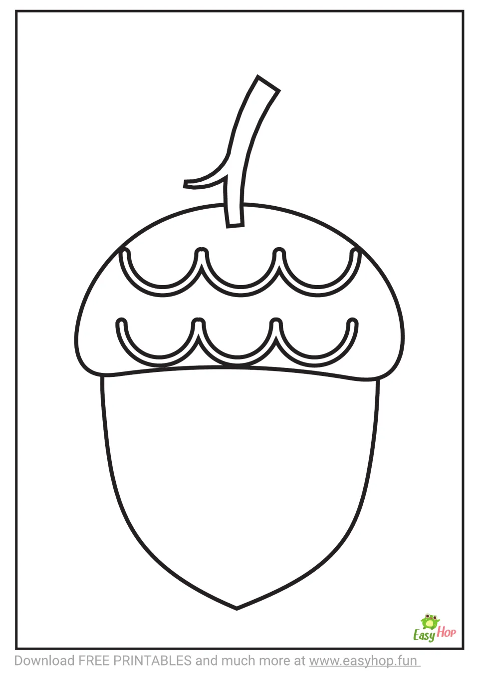Acorn coloring template featuring one large uncolored acorn with a curved stem and scalloped cap details