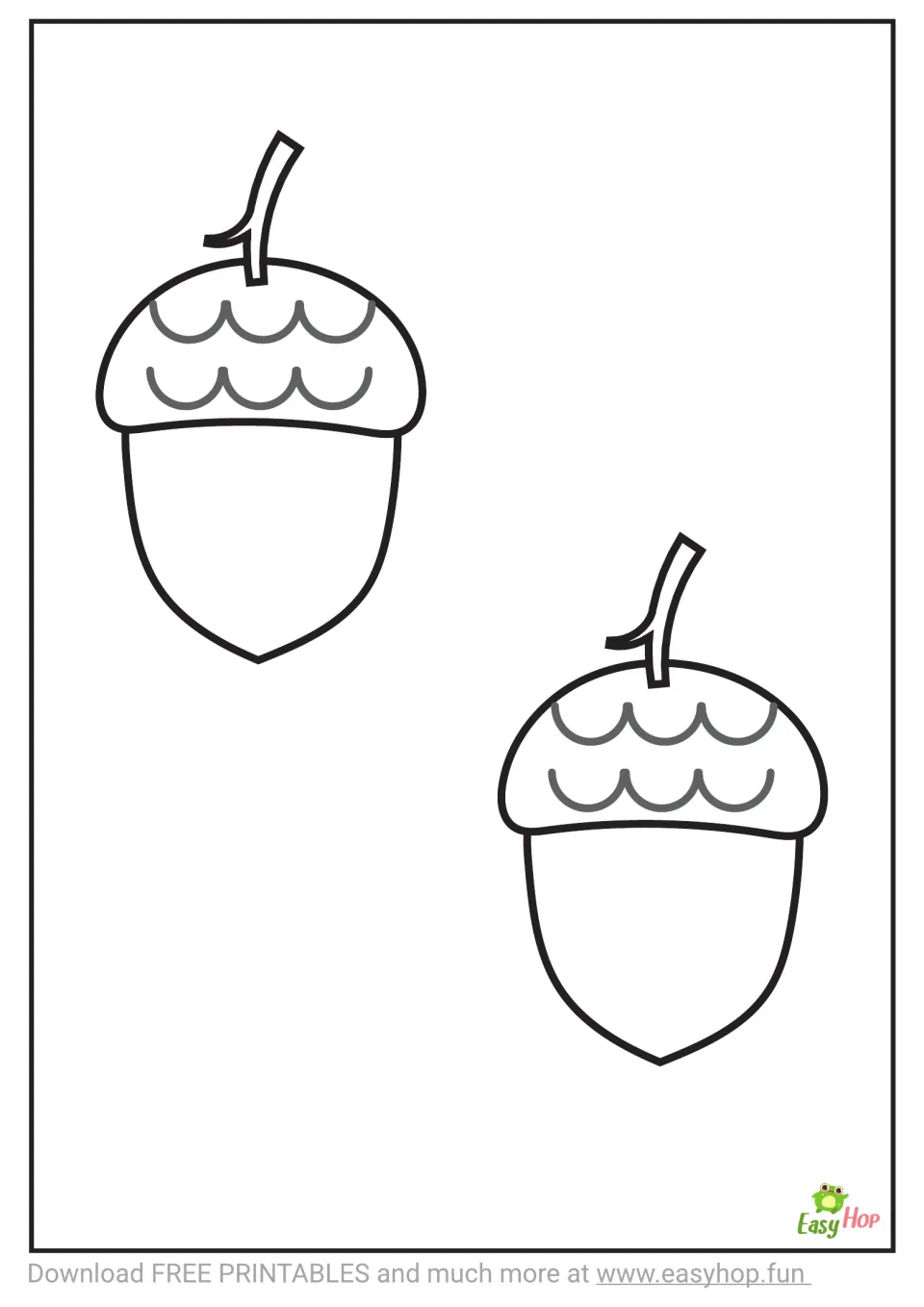 Acorn coloring templates featuring two medium uncolored acorns with curved stems and scalloped cap details
