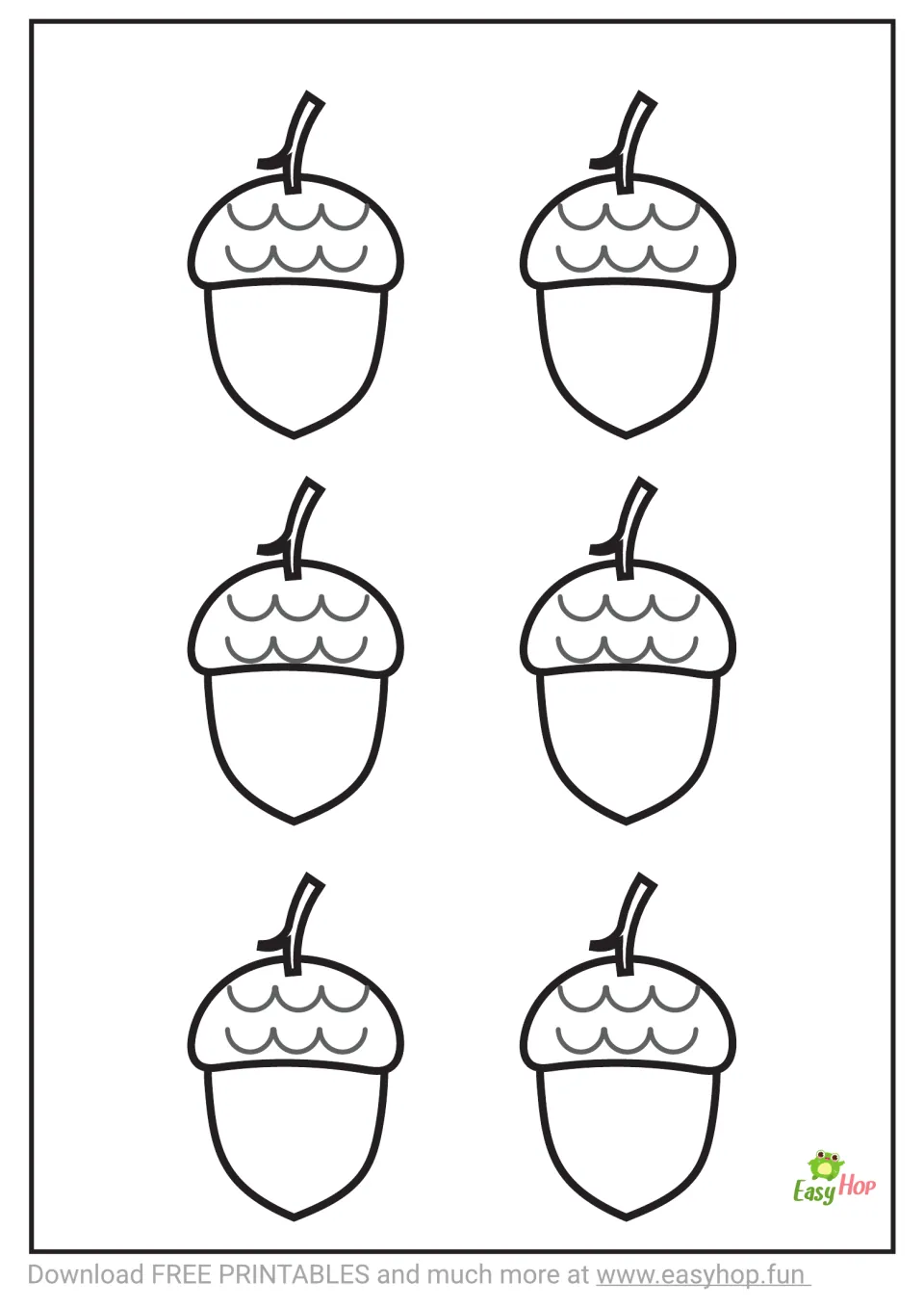Acorn coloring templates featuring six small uncolored acorns with curved stems and scalloped cap details
