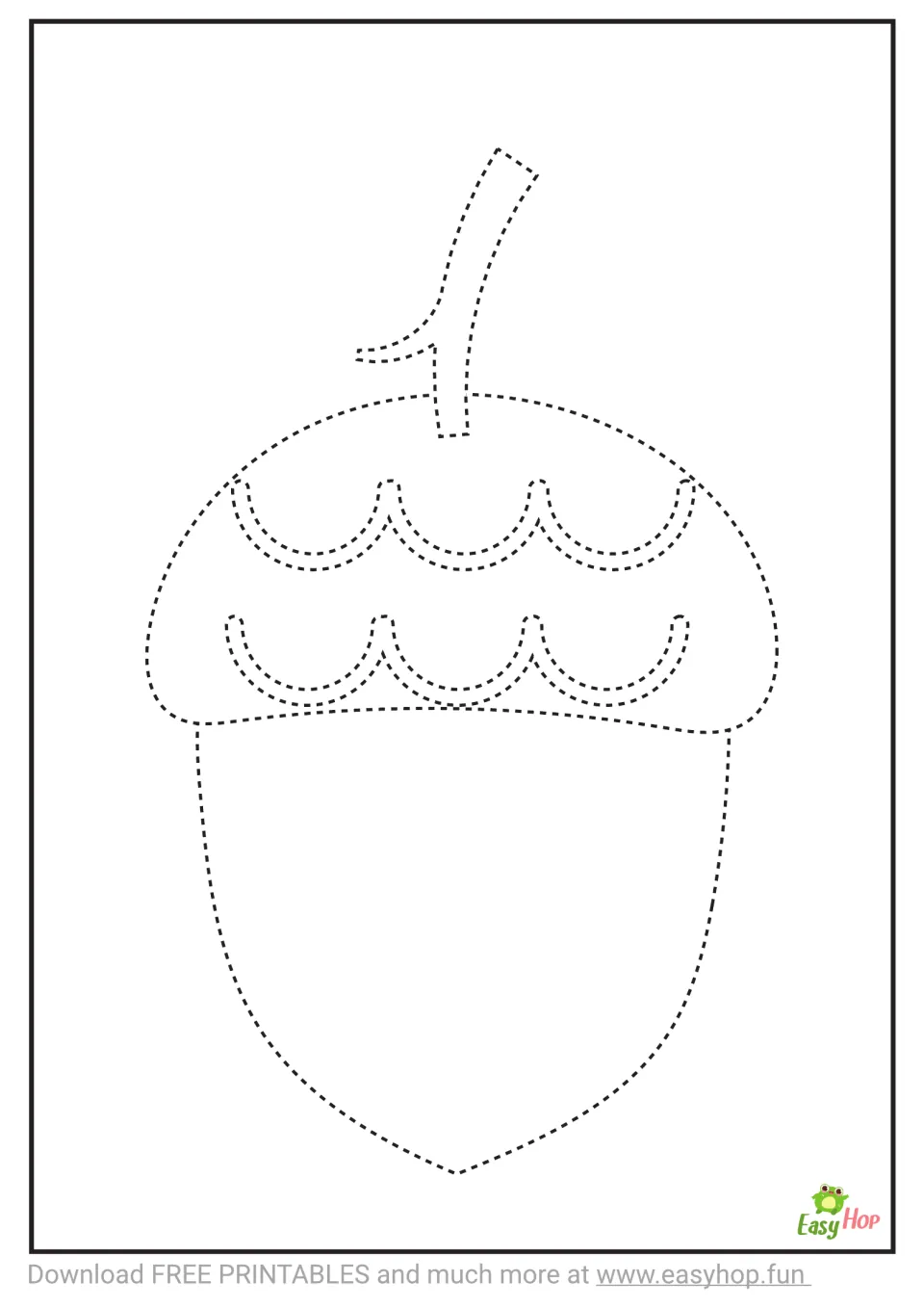 Acorn tracing template featuring one large acorn with dashed contours, a curved stem, and cap details to trace