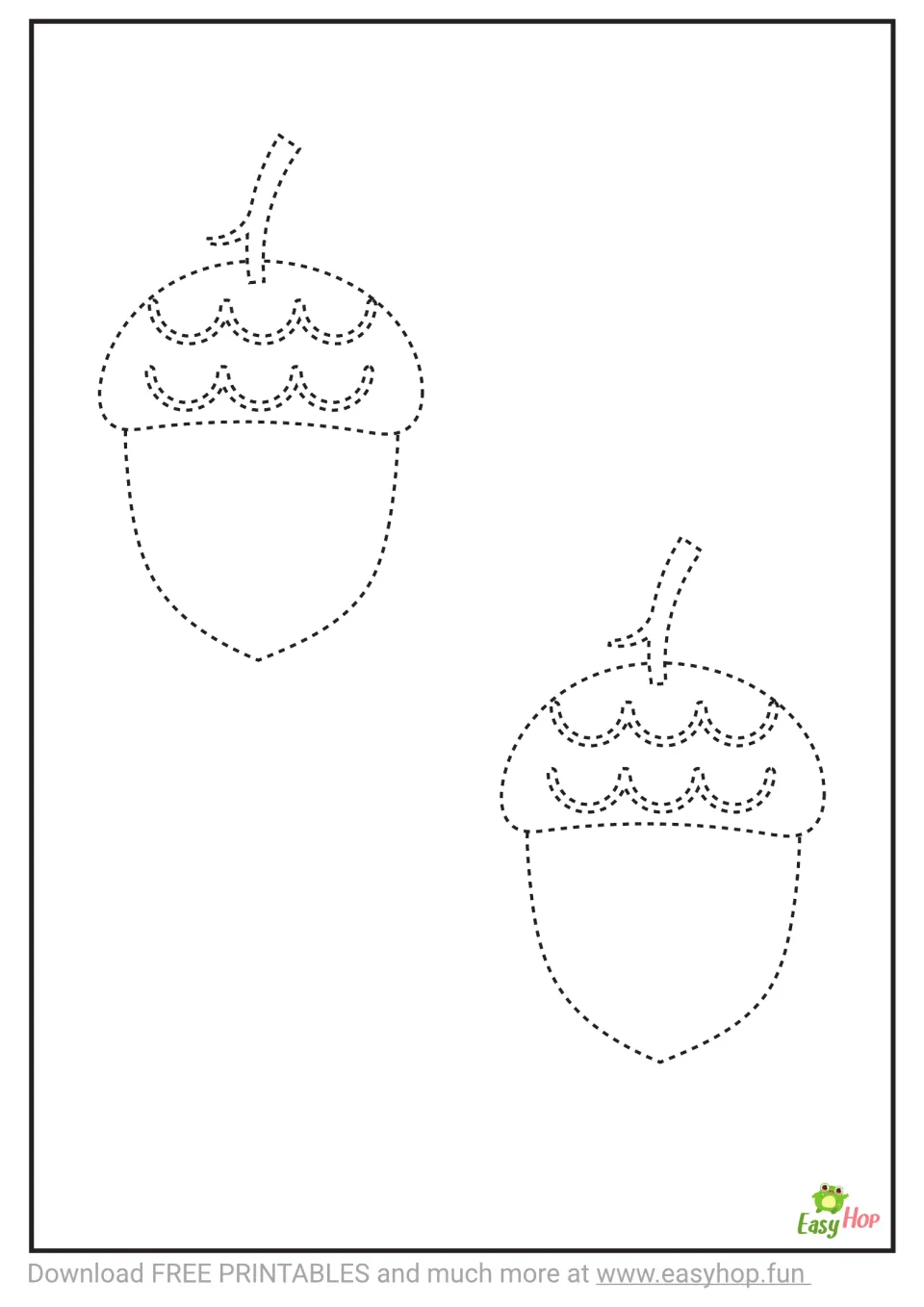 Acorn tracing templates featuring two medium acorns with dashed contours, curved stems, and cap details to trace