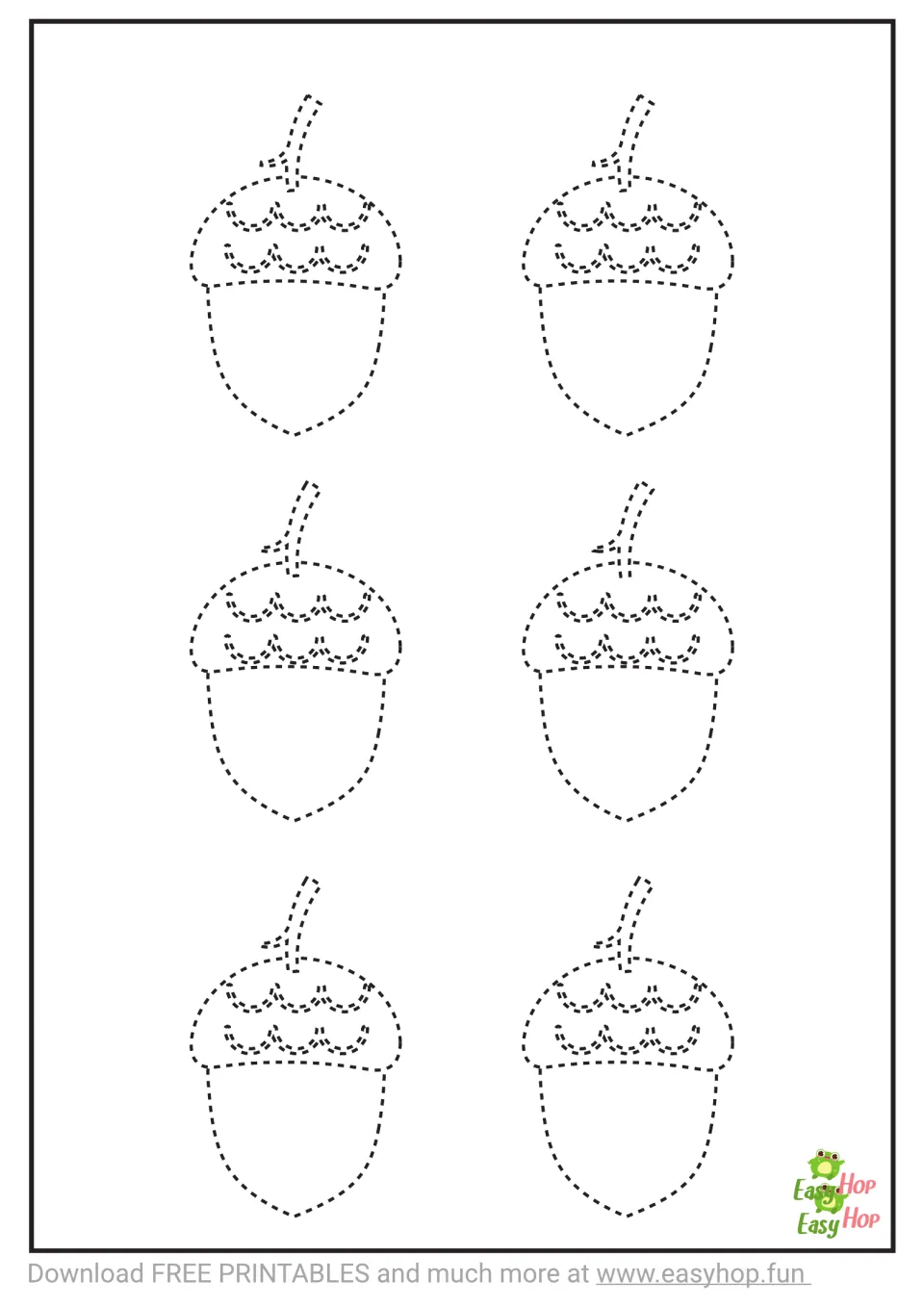 Acorn tracing templates featuring six small acorns with dashed contours, curved stems, and cap details to trace
