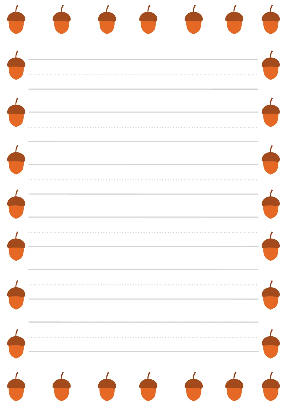 Color preschool handwriting paper in the acorn-themed set, for beginning writing practice and fall activities