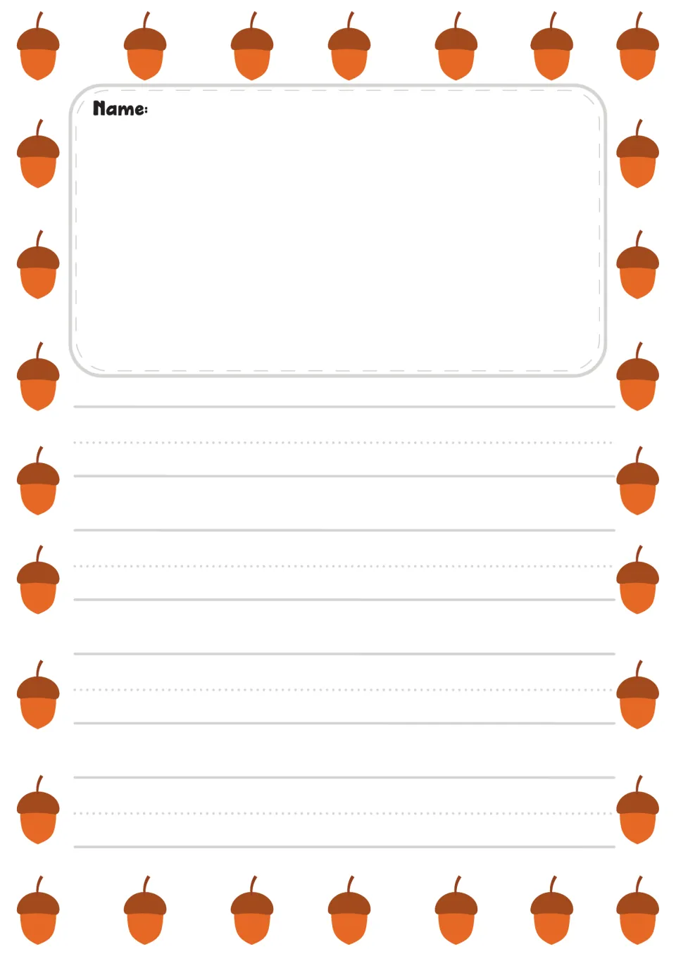 Color preschool writing paper labeled “Name:” in the acorn-themed set, with space for drawing and writing