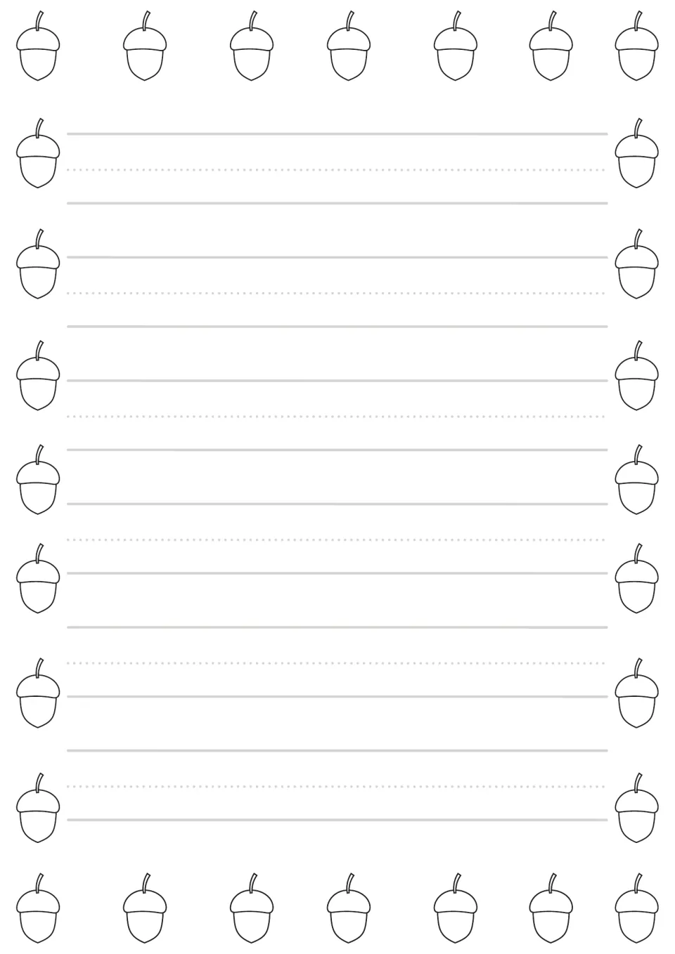 Black-and-white preschool handwriting paper in the acorn-themed set, for beginning writing practice