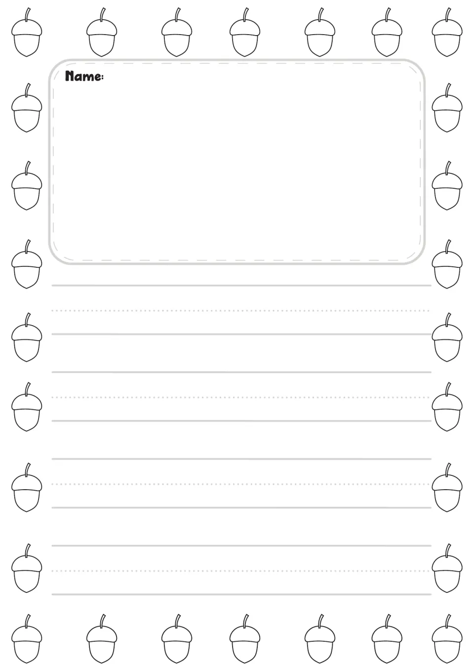 Black-and-white preschool paper labeled “Name:” in the acorn-themed set, for drawing and writing