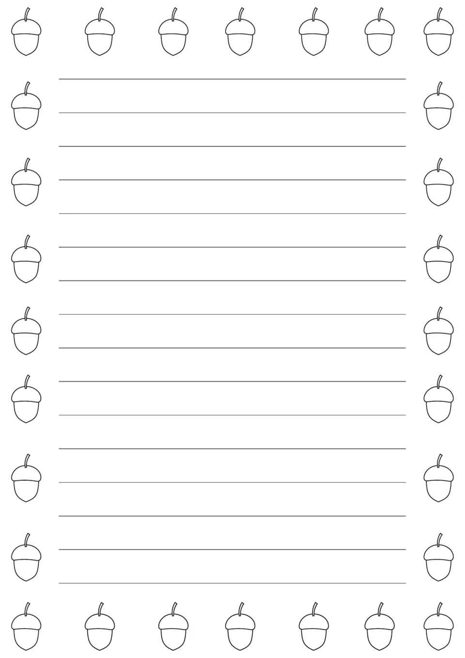 Black-and-white elementary writing paper in the acorn-themed set, for handwriting practice and journaling