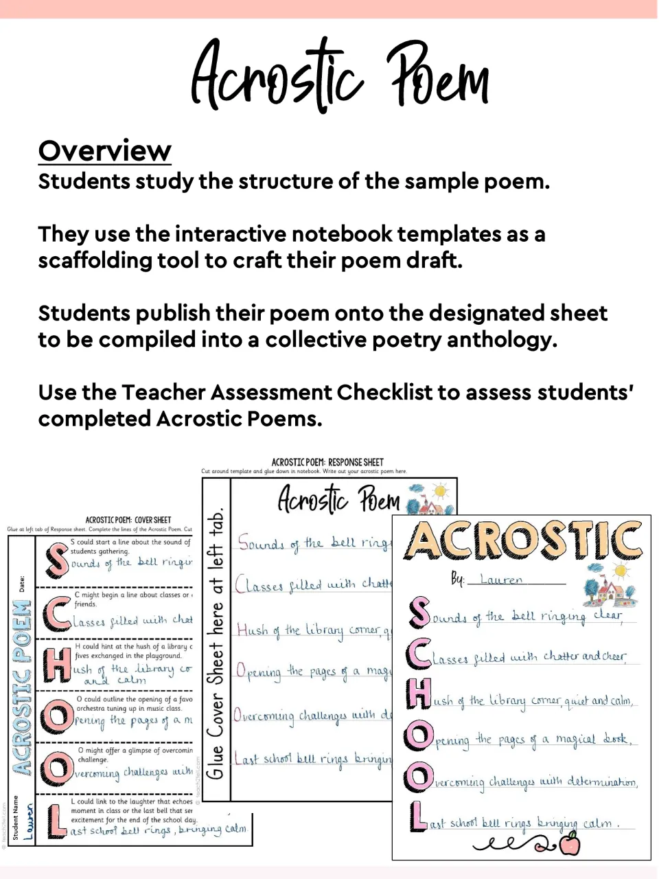 Acrostic poem overview: study a sample poem, draft in notebook templates, publish to an anthology, assess by checklist