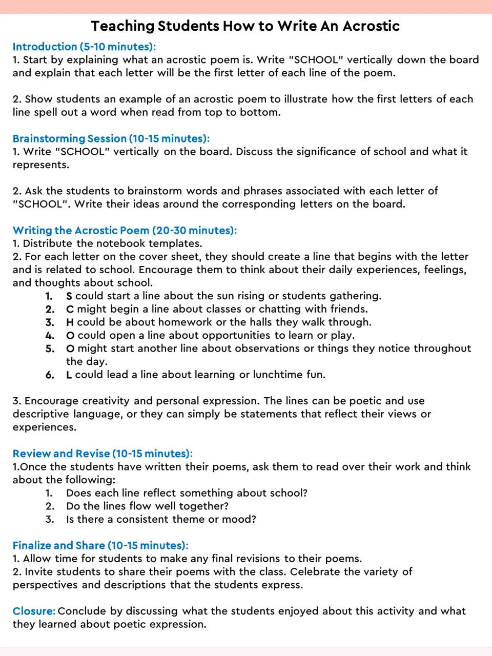 Lesson plan for writing an acrostic on SCHOOL: timed intro, brainstorm, drafting, review, revise, share and closure