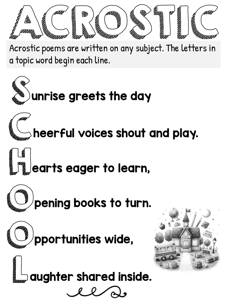 Black-and-white version of the SCHOOL acrostic sample poem with the definition that topic-word letters begin each line