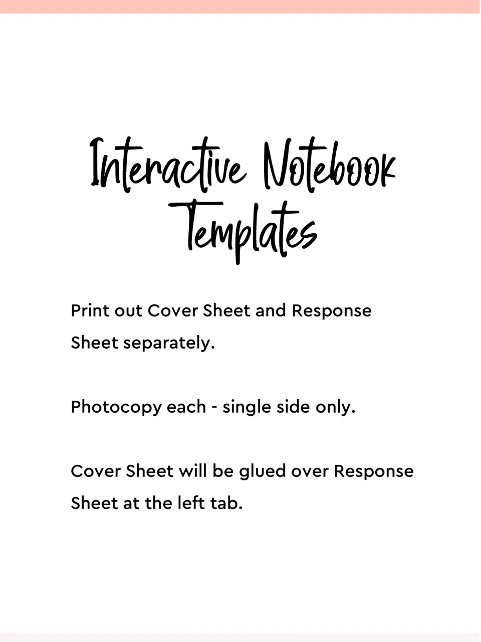 Interactive notebook templates prep: copy cover and response sheets single-sided, glue cover at left tab
