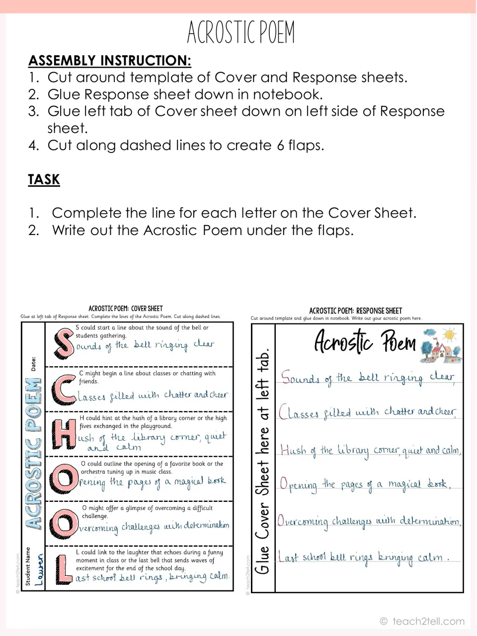 Acrostic poem assembly steps to cut, glue and make 6 flaps, plus the task, with a completed SCHOOL example