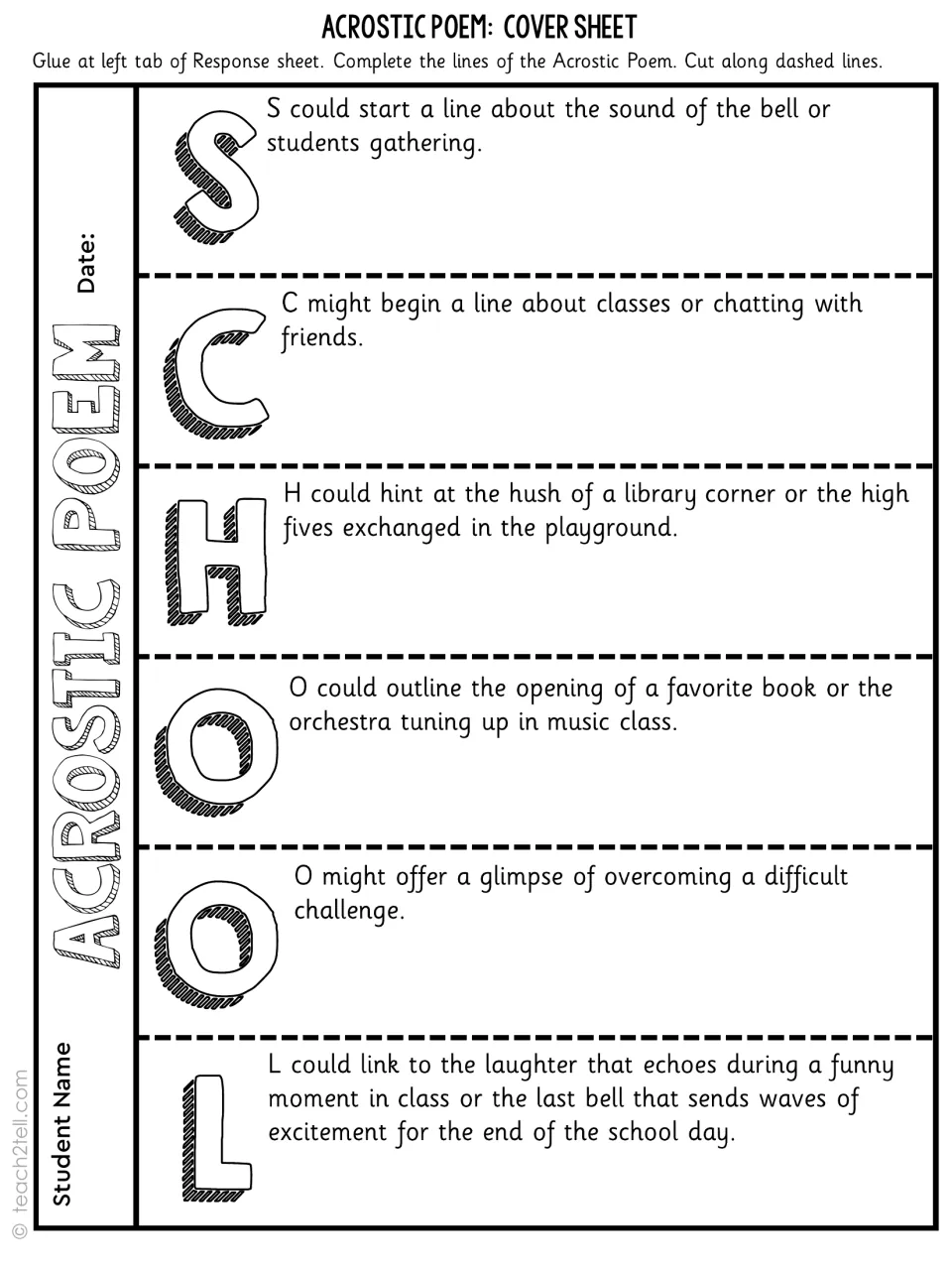 Acrostic cover sheet for SCHOOL: students complete a line for each letter, guided by prompts like the sound of the bell