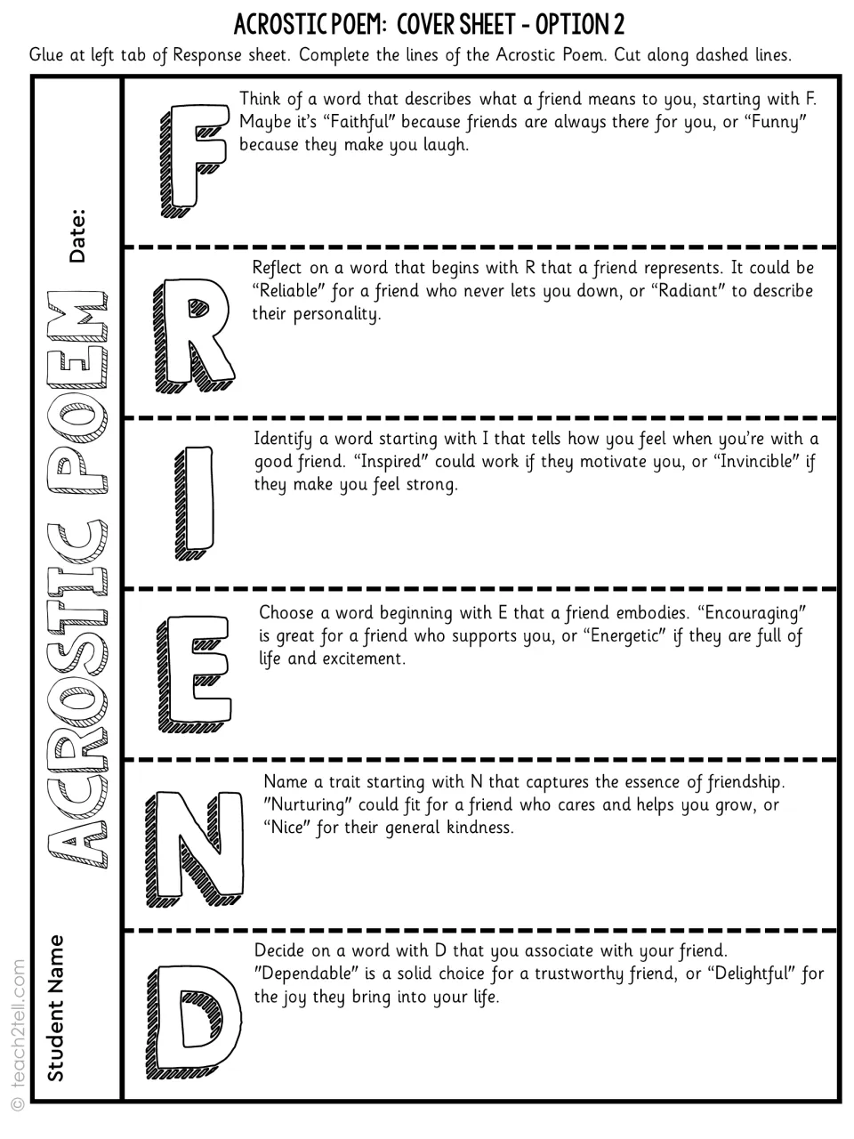 Acrostic cover sheet option 2 for FRIEND: pick a word per letter, such as Faithful, Reliable, Inspired and Dependable