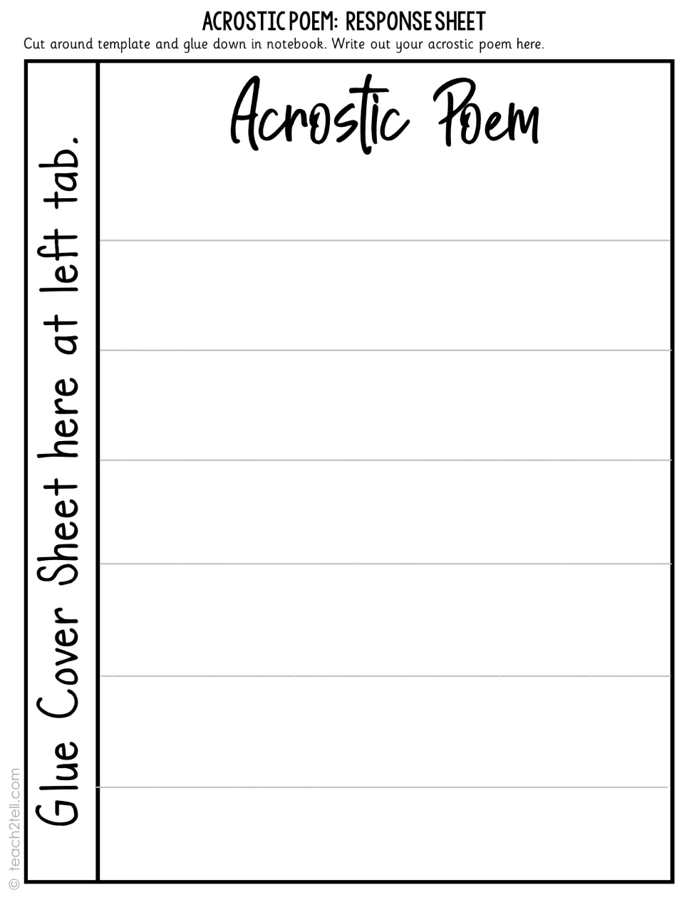 Acrostic poem response sheet where students write out their final poem on six lines beneath the glued cover flaps